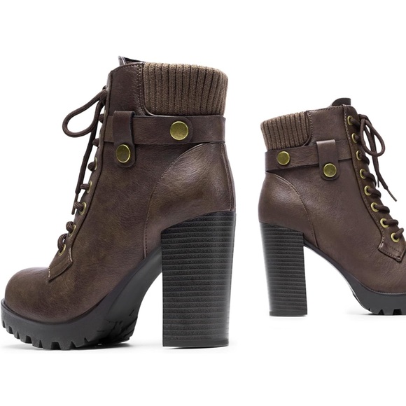 Dream Pairs Brown Khaki Beige Leather Combat Heeled Moto Boots - Picture 2 of 8